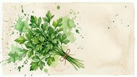 Watercolor bunch of fresh green parsley tied with twine on a light background with paint splashes, for kitchen decor or recipe design.