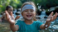 Joyful young girl wearing turquoise shirt and headband plays in water, splashing and laughing with pure happiness on sunny summer day near waterfall. Natural childhood fun.