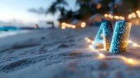 Glowing number 44 on sandy beach at dusk with fairy lights and palm trees silhouette, romantic tropical evening atmosphere with bokeh lights in background.