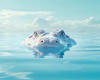 Partially submerged hippopotamus head emerging from tranquil turquoise waters against soft cloudy sky, creating serene nature scene with reflective water surface.