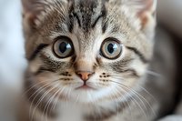 Adorable tabby kitten with striking blue eyes and soft striped fur looking directly at camera with innocent expression for pet adoption campaigns.