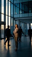 Confident businesswoman in suit standing in modern office lobby with glass walls and silhouettes of colleagues during golden hour lighting.