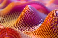 Abstract wavy pattern in vibrant pink and orange colors creating dynamic flowing lines and geometric mesh structure with light effects and gradient transitions.