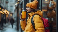 Young Caucasian man in yellow winter puffer jacket and orange beanie drinking takeaway coffee on city street with bokeh lights, carrying backpack, urban lifestyle.
