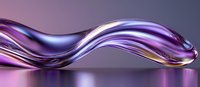 Flowing liquid metal wave in purple and silver colors creates dynamic abstract shape on reflective surface with soft gradient background.