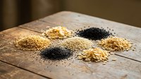 Assorted organic seeds and grains arranged on rustic wooden surface including quinoa, chia, sesame and poppy seeds for healthy cooking and nutrition.