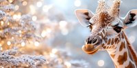 Close up portrait of giraffe head with magical bokeh lights and snowy winter branches in soft focus background, festive nature photography for holiday season.