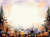 Watercolor Halloween border frame with pumpkins, ghosts, bats, and spooky trees, featuring a blank center for text or design.
