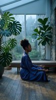 Young African woman in blue robe meditating by window surrounded by tropical plants, urban skyline view. Wellness, mindfulness, and peaceful indoor lifestyle concept for relaxation and mental health.
