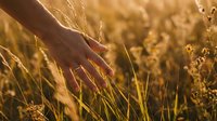 Hand gently touching golden wheat field at sunset with warm sunlight creating peaceful agricultural scene for wellness and nature connection concepts.