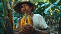 Senior Latino farmer holding fresh striped yellow cacao pod in tropical plantation setting, wearing straw hat and white shirt, surrounded by lush green foliage during harvest.