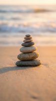 Balanced stone cairn stack on sandy beach at sunset with soft ocean waves creating peaceful zen meditation atmosphere for wellness and mindfulness concepts.