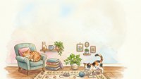 Cozy living room interior with sleeping orange tabby cat on armchair, playful calico kitten, houseplants, books, and warm home decor elements.