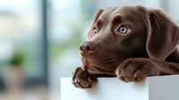Chocolate Labrador puppy with soulful brown eyes resting head on white surface, close-up portrait showing expressive face and paws in soft natural lighting.