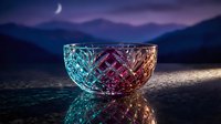 Colorful crystal glass bowl with diamond pattern reflecting rainbow light on dark surface against mountain landscape at twilight with crescent moon overhead.