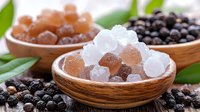 Rock sugar crystals in wooden bowls with black peppercorns and green leaves, natural food ingredients for Asian cuisine and traditional medicine.