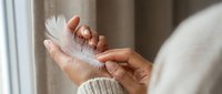 Young woman with light skin tone holding a delicate white feather in her hands near a window, symbolizing lightness, freedom, spirituality, and peaceful moments for wellness and lifestyle content.