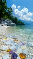 Tranquil mountain lake shore with colorful healing crystals and stones on pebble beach, turquoise water, dramatic white clouds and green forest landscape.