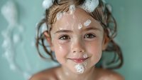 Young Caucasian girl with wet hair and soap bubbles on face smiling at camera during bath time, showing pure joy and innocence against mint green background.