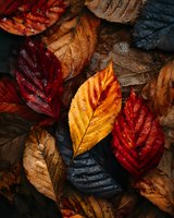 Colorful autumn leaves in rich red, gold, and brown tones with water droplets creating natural texture and seasonal ambiance.