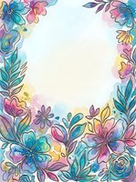 Watercolor floral frame with colorful hand-drawn flowers and leaves in pink, blue, yellow, and purple tones on white background. Isolated design element suitable for invitations, greeting cards, posters, and social media graphics.