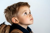 Young Caucasian boy with brown hair looking up thoughtfully while wearing winter coat, profile portrait against light background showing curiosity and wonder.