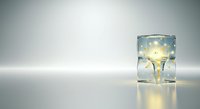 Glass of water with light bulb submerged inside, symbolizing innovation, ideas, and creative solutions for business, technology, and sustainability concepts.
