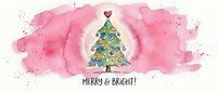 Merry and bright Christmas tree with ornaments and heart topper on pink watercolor background. Festive holiday greeting card design.