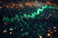 Digital financial graph with glowing green line chart on dark background with orange bokeh lights showing market growth and analysis data.