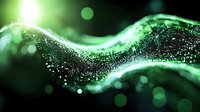 Abstract green wave of glowing particles with bokeh effect on dark background, digital technology concept for data visualization and connectivity.