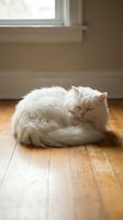 Fluffy white long-haired cat resting peacefully on wooden floor near window in bright, minimalist home interior setting.