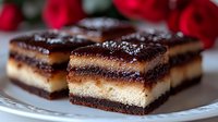 Decadent chocolate caramel layered bars with glossy ganache topping on white plate, gourmet dessert squares for bakery menu and sweet treat marketing.