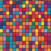 Vibrant multicolored square mosaic pattern with bright yellow, red, blue, green, pink and purple tiles arranged in a random geometric grid layout. Seamless repeat design.