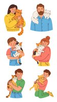 Happy pet owners cuddling cats collection showing diverse people embracing feline companions in colorful casual clothing isolated on white background.