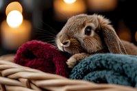 Adorable lop-eared bunny rabbit resting on cozy knitted blankets with warm bokeh lights in background, creating intimate autumn or winter atmosphere.
