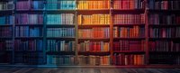 Rainbow colored bookshelf in library interior with vintage books arranged by color from blue to orange and red creating spectacular gradient effect for education and knowledge concept.