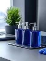 Three cobalt blue liquid soap dispensers with chrome pumps arranged on a bathroom counter beside a potted green plant, ideal for home decor and hygiene product marketing.