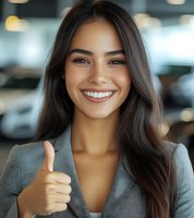 Young Hispanic businesswoman with long dark hair and bright smile showing thumbs up gesture in office setting. Professional portrait for business and success concepts.