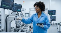 Young African American female scientist in blue lab coat working with automated laboratory equipment while holding digital tablet in modern research facility.