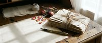 Stack of vintage letters tied with string on wooden desk with scattered rose petals and quill pen in warm sunlight for romantic correspondence themes.