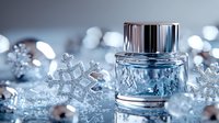 Luxury winter fragrance bottle with crystal snowflakes on frosty background. Elegant perfume packaging in cool blue tones creates festive holiday mood.