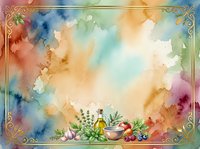 Watercolor background with vibrant rainbow washes, ornate gold corner flourishes, and culinary herbs with oil bottle and mortar. Suitable for recipe cards, cooking blogs, wellness content.