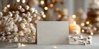 Blank white card with cotton branches and warm fairy lights creating cozy winter holiday atmosphere for greeting cards and seasonal designs.