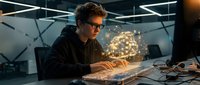 Young male professional software developer working with holographic brain interface technology at modern office desk with glowing neural network visualization.
