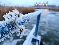 Delicate frost crystals form intricate snowflake patterns on blue metal railing during winter sunrise, with soft bokeh lights and frozen lake in background.