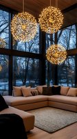 Modern living room with spherical pendant lights creating warm ambiance during winter evening. Contemporary interior design with large windows overlooking snowy landscape.