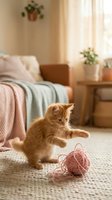 Adorable orange tabby kitten playing with pink yarn ball in cozy living room with soft natural lighting and houseplants creating warm domestic atmosphere.