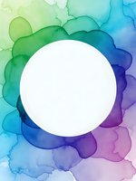 Abstract watercolor frame with vibrant gradient colors flowing from green to blue to purple creating circular border with white center space for text.