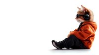 Young boy in orange winter jacket and black pants sitting on white background wearing headphones, side view profile of child listening to music, isolated.