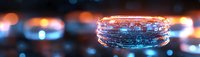 Glowing futuristic ring with digital elements on dark background with bokeh lights, technology concept for sci-fi or cybersecurity themes.